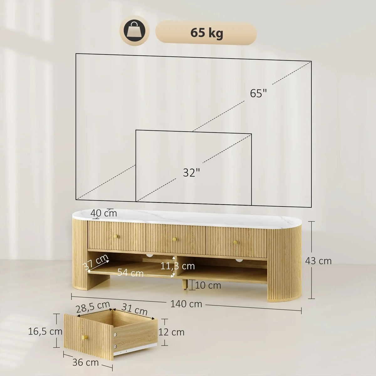 Movany Solen – Meuble TV design bois clair avec plateau effet marbre