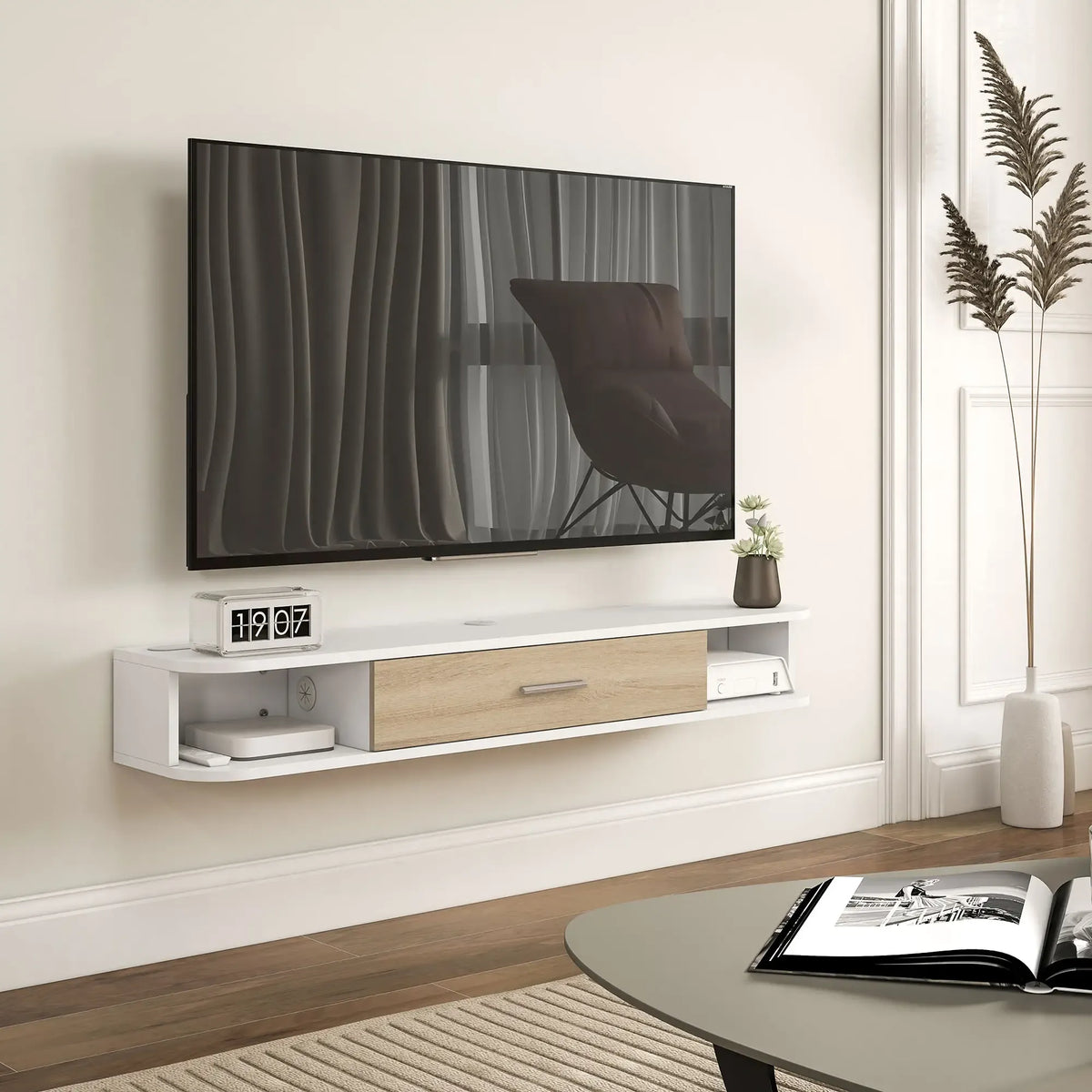 Movany Divine – Meuble TV suspendu blanc, tiroir central