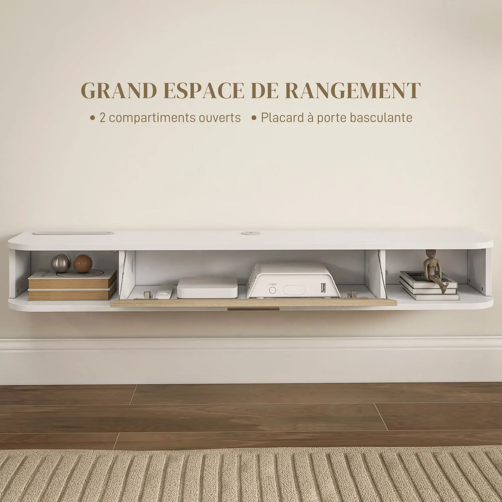 Movany Divine – Meuble TV suspendu blanc, tiroir central