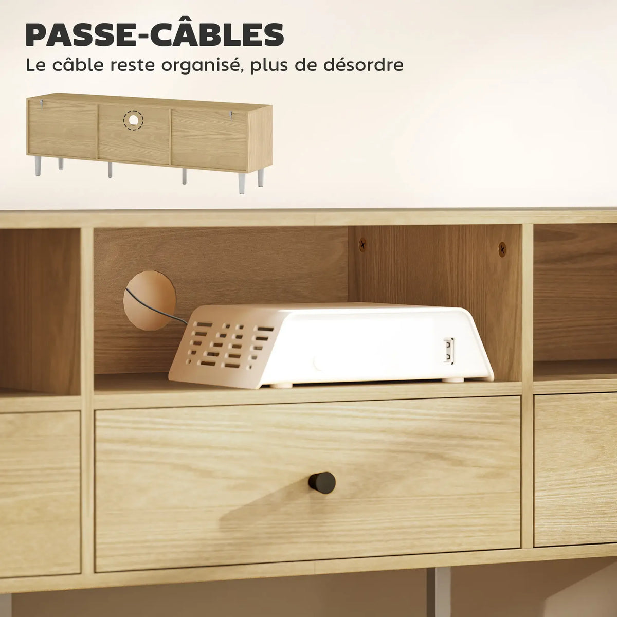 Movany Ava – Meuble TV bois clair, 3 tiroirs et étagères ouvertes