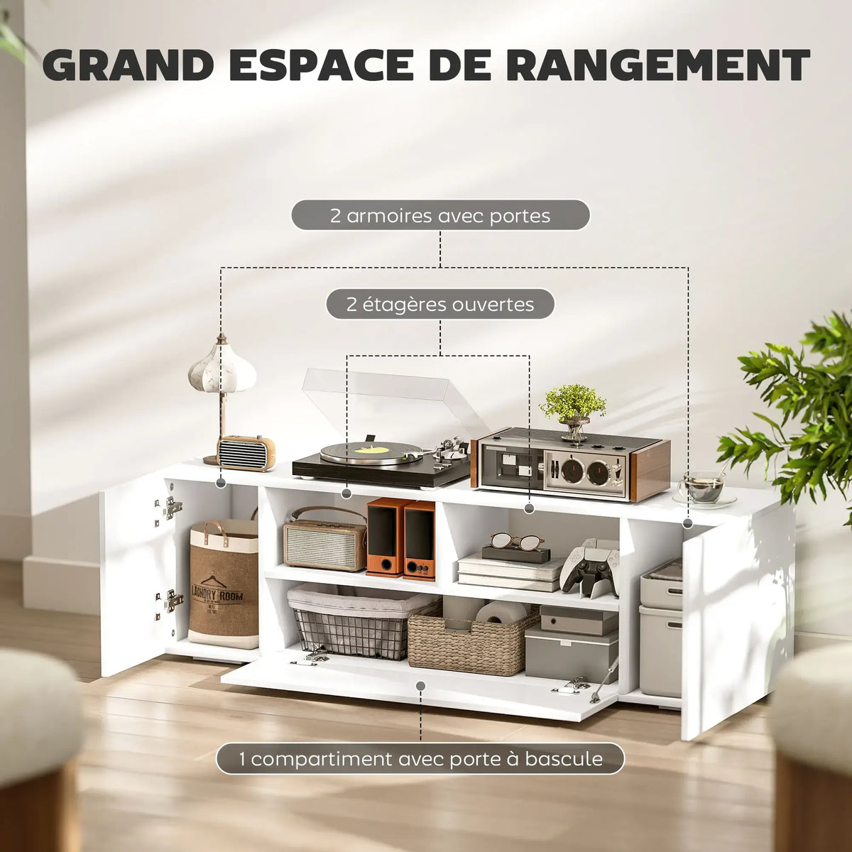 Movany Lumen – Meuble TV Hi-Fi blanc, étagères ouvertes avec éclairage LED