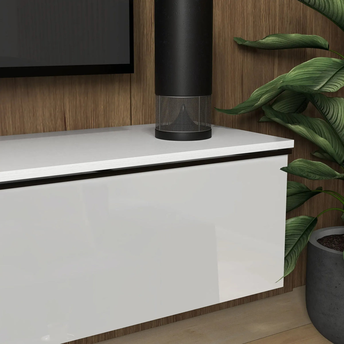 Movany Ivoire – Meuble TV suspendu blanc, rangements fermés