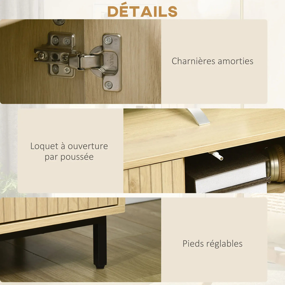 Movany Stria – Meuble TV design bois clair, façades rainurées