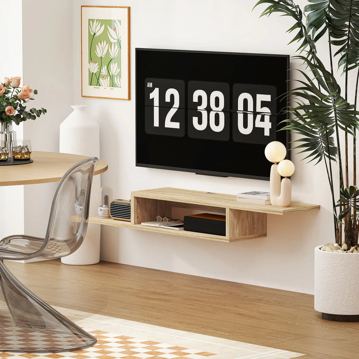 Movany Linea – Meuble TV suspendu bois clair, étagères ouvertes