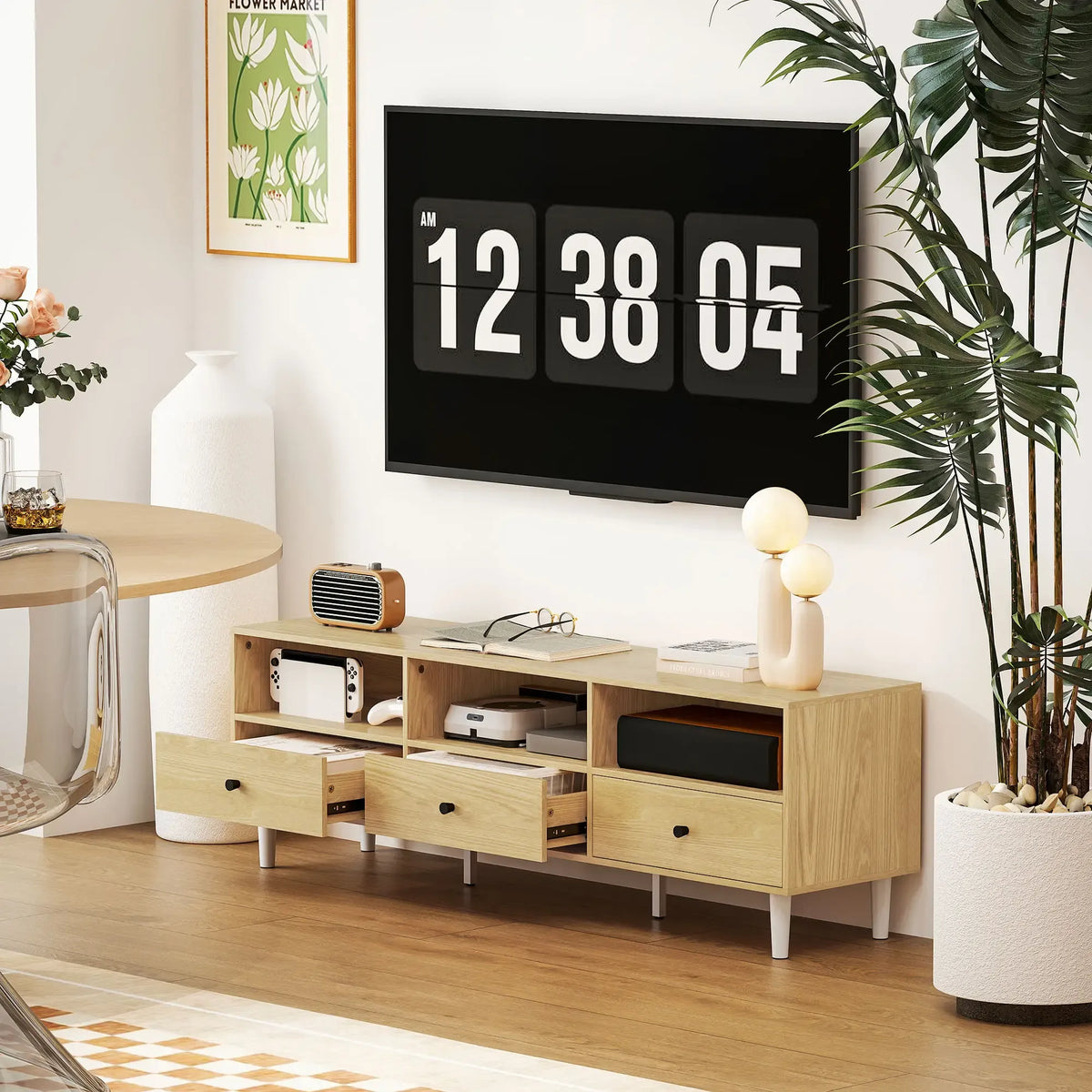 Movany Ava – Meuble TV bois clair, 3 tiroirs et étagères ouvertes