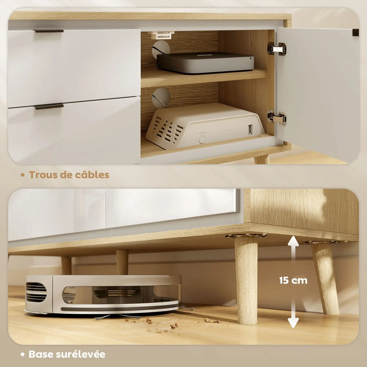 Movany Opale – Meuble TV bois clair & blanc, 2 portes et 2 tiroirs