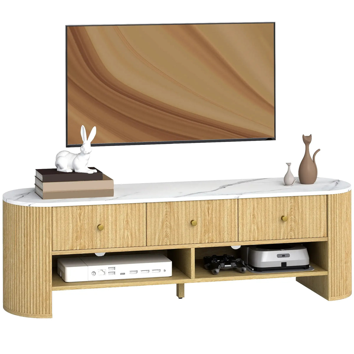 Movany Solen – Meuble TV design bois clair avec plateau effet marbre