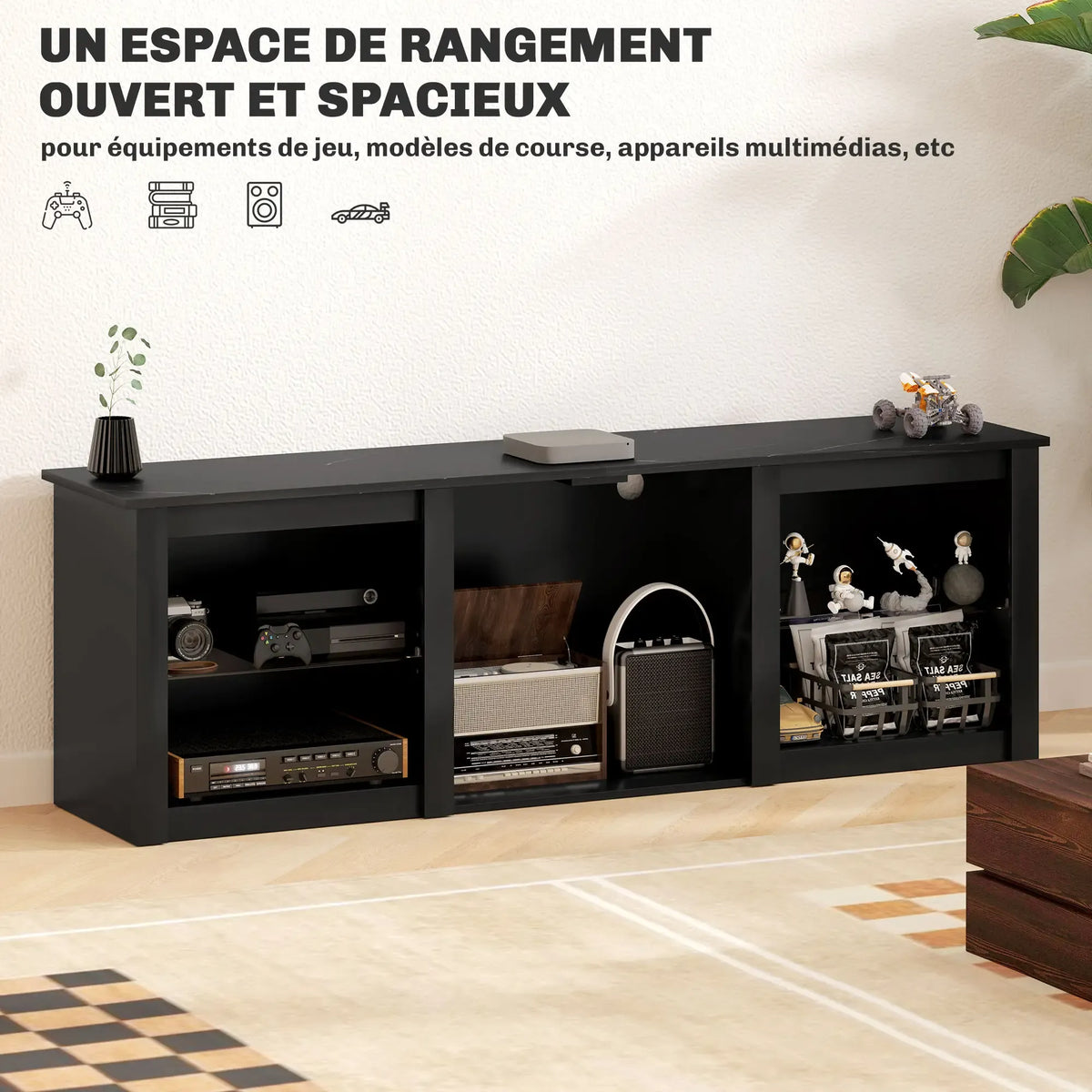 Movany Onyx – Meuble TV Hi-Fi noir, plateau effet marbre