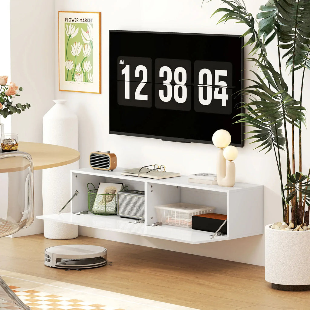 Movany Aura – Meuble TV suspendu blanc, portes sans poignées